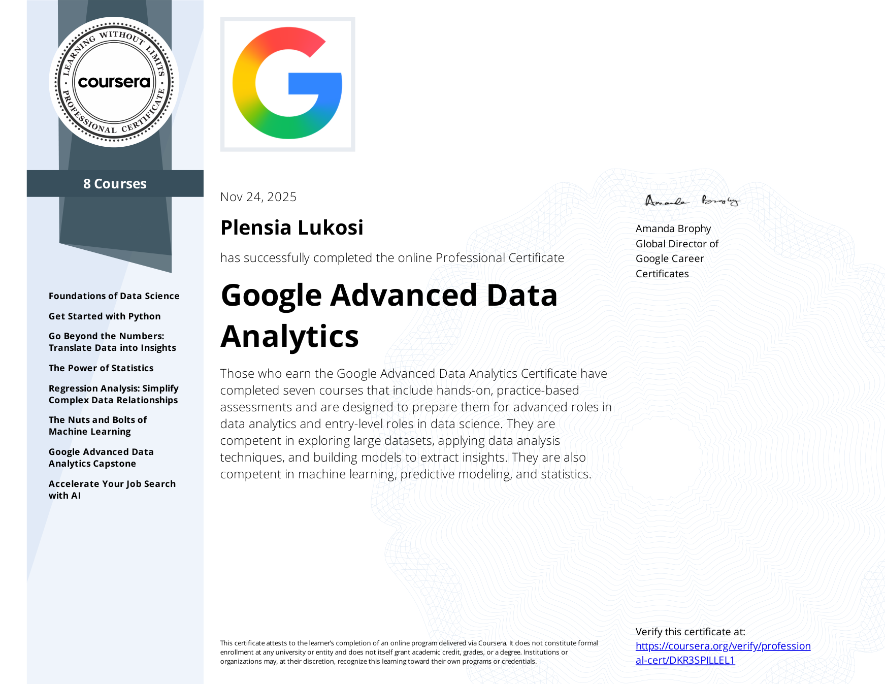 Google Advanced Data Analytics certificate