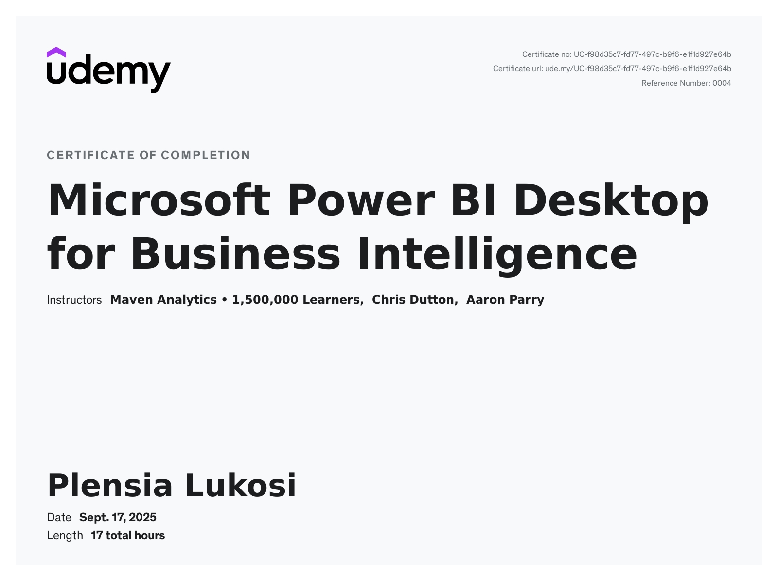 Power BI Desktop for Business Intelligence course certificate